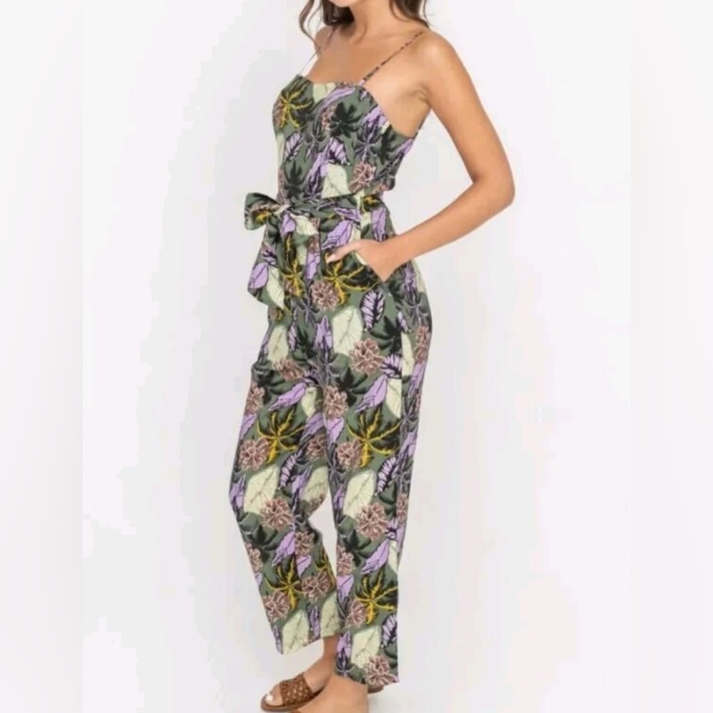 Lush Purple Green Tropical Front Tie Jumpsuit Size Medium
